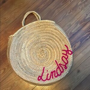 Woven Round Tote Bag - Tan and Pink